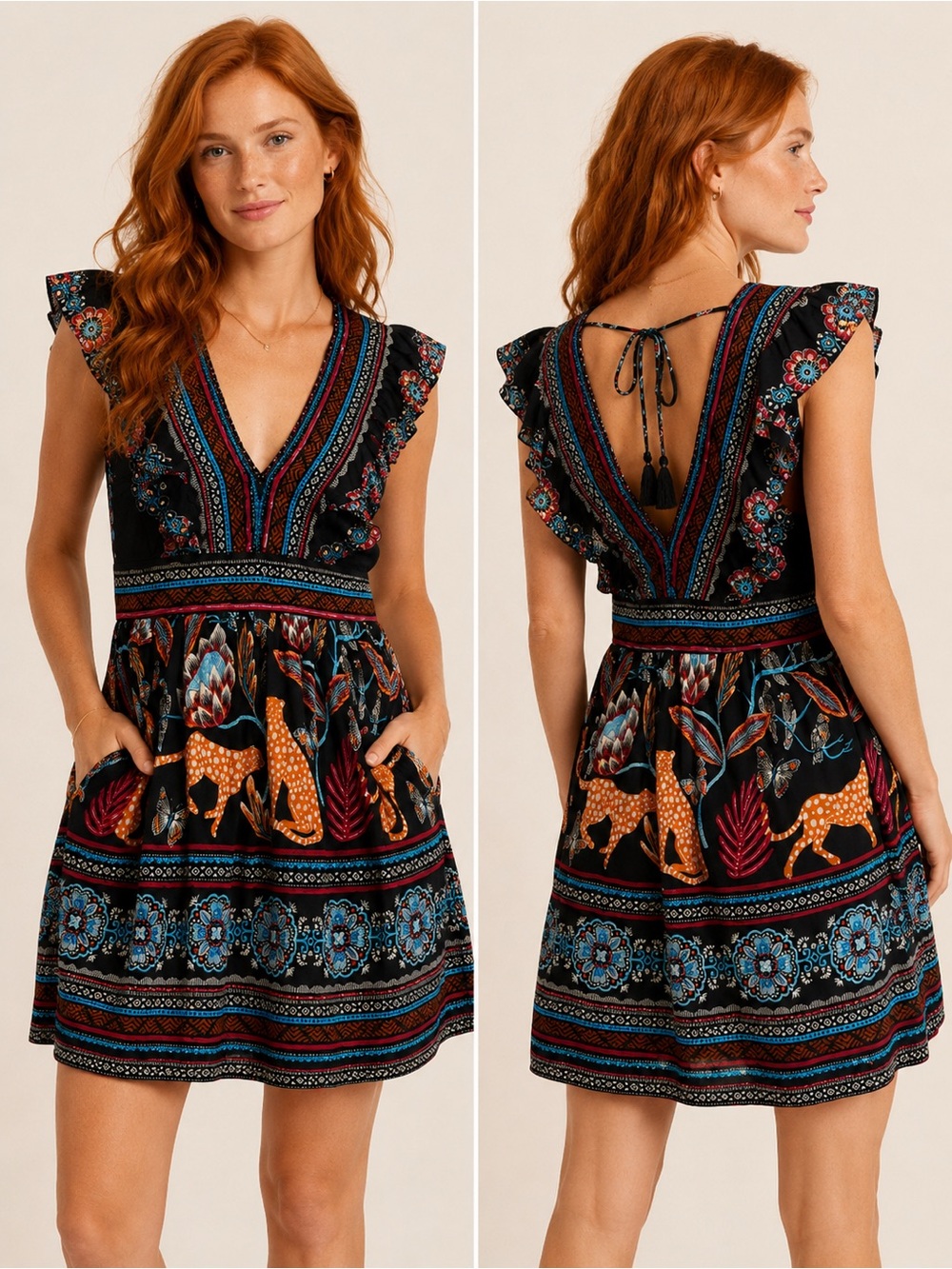 Anthropologie V-Neck Plunge Tunic Mini Dress Black Animal Print Motif Size Small
